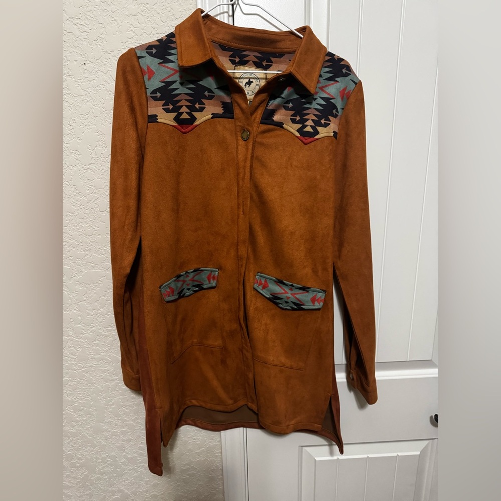 Brown Faux Suede Women's Jacket with Patterned Accents